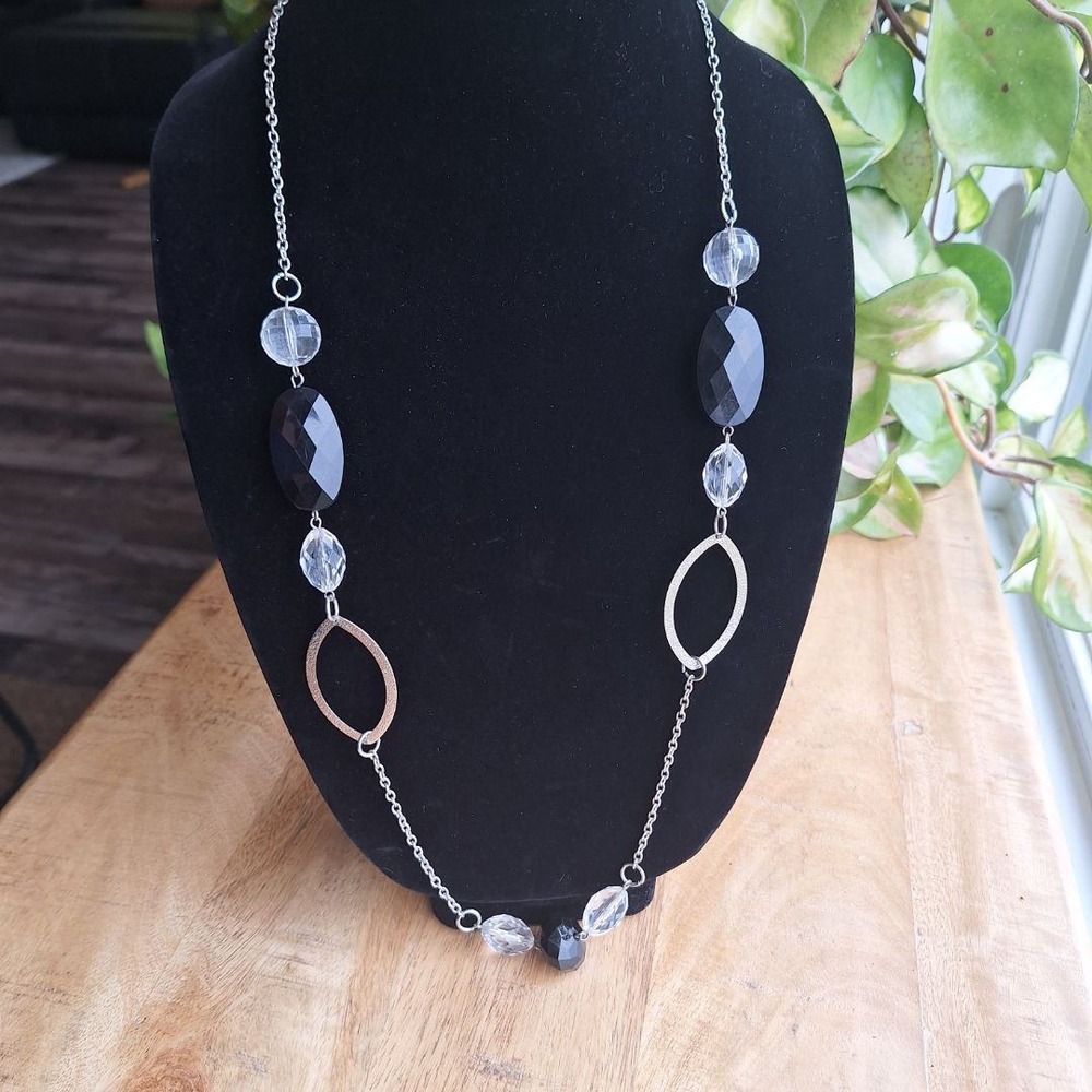 Long Beaded Necklace‎ Silver Chain Black Clear Faceted Statement Jewelry
